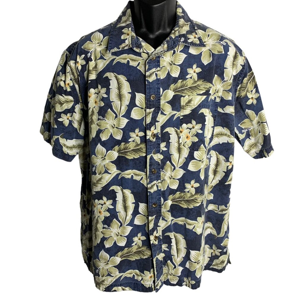 Hawaiian Floral Button Up Camp Shirt XL Blue Chest Pocket Short Sleeve Cotton